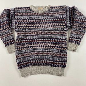 Woolrich Fair Isle Wool Sweater Womens Medium Hand Framed Gray Burgundy Blue